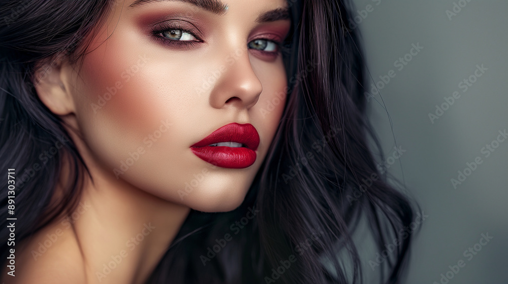 An elegant woman with striking, bold makeup and flowing hair poses serenely against a gentle background, embodying high fashion and sophisticated glamor with her confident yet serene expression. An elegant woman with striking, bold makeup and flowing hair poses serenely against a gentle background, embodying high fashion and sophisticated glamor with her confident yet serene expression.