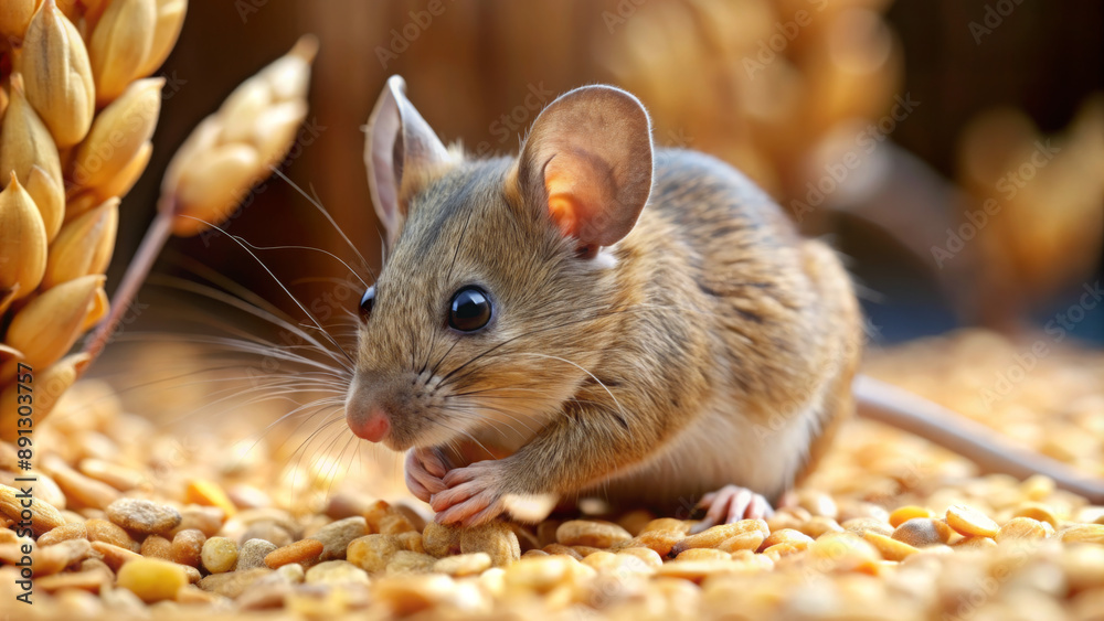 A small, brown mouse with large ears is eating small seeds in a field of wheat A small, brown mouse with large ears is eating small seeds in a field of wheat