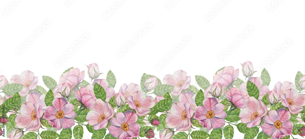 Fototapeta premium Wild rose seamless border presents vibrant pink flowers with green leaves in watercolor, for creating elegant floral designs. Clipart Ideal for use in invitations, stationery, and fabric patterns
