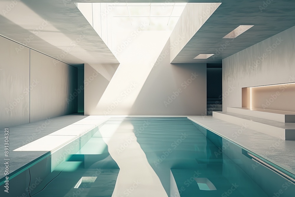 Obraz premium Modern minimalist indoor swimming pool receiving sunlight from skylight