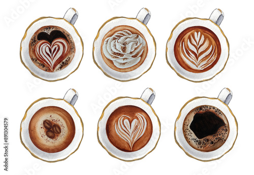 Top view of hot coffee cups. Cappuccino spiral heart foam. Watercolor  latte coffee art set. Hot coffee drinks illustration.