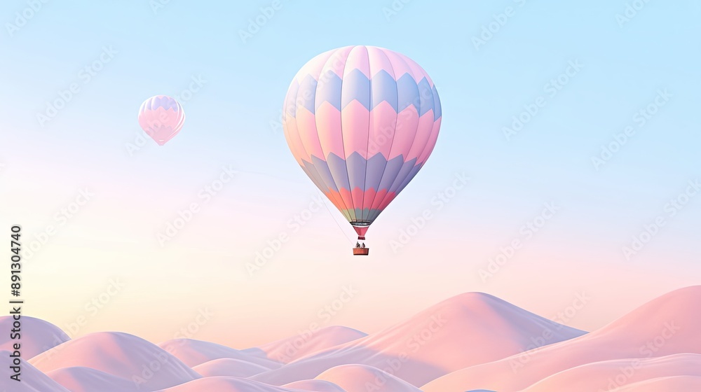 Fototapeta premium Pastel hot air balloon floating over a dreamy landscape, with soft-colored hills and a gentle pastel sky