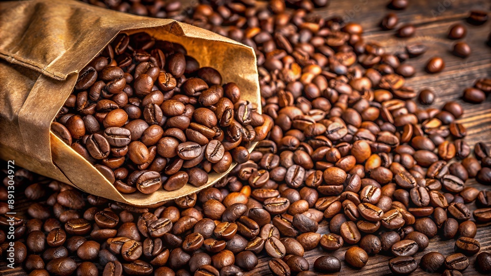 Fototapeta premium Brown paper bag spilling roasted coffee beans on table