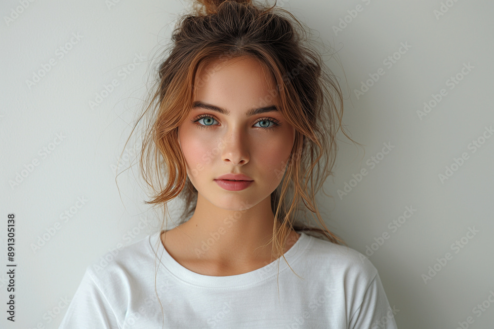 Front and back views of young woman in stylish t-shirt on white background Front and back views of young woman in stylish t-shirt on white background