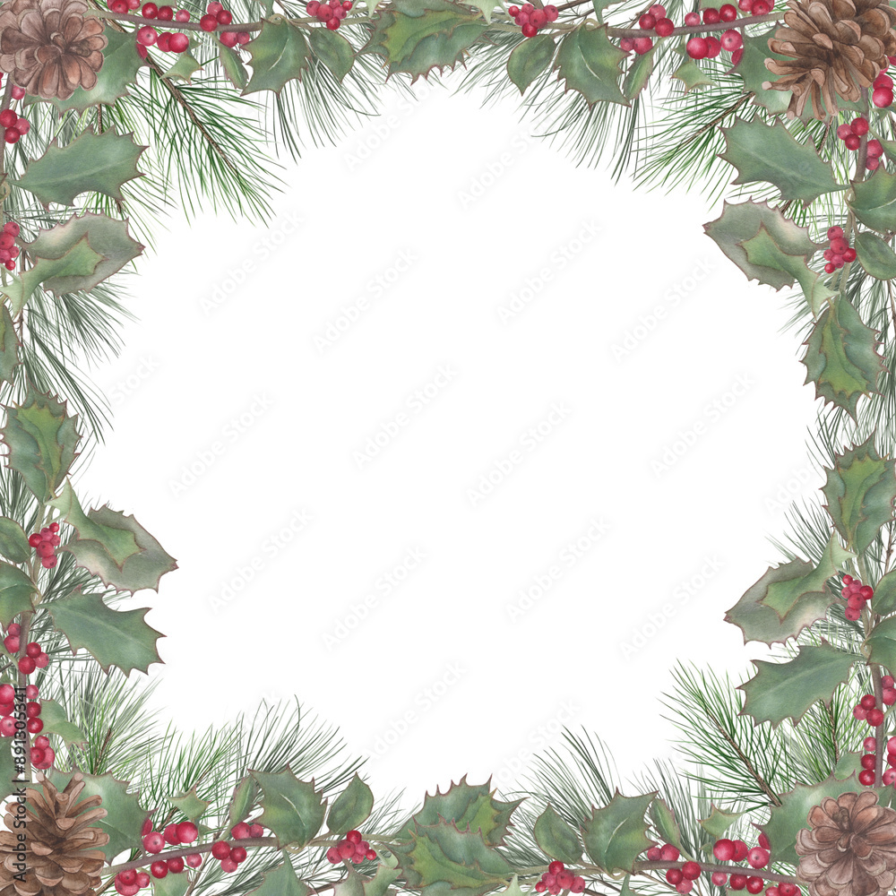 Watercolour square frame of spruce branches and holly Watercolour square frame of spruce branches and holly