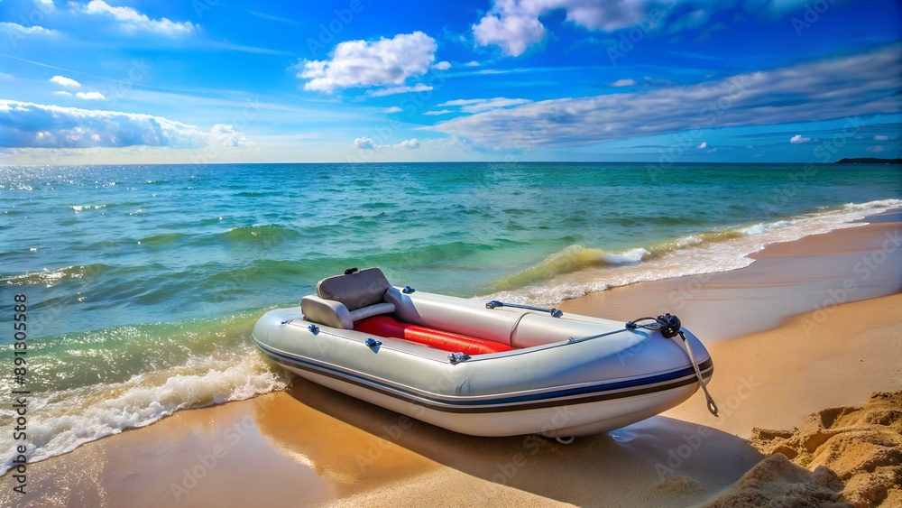 White and red inflatable motor boat beached on sandy shore White and red inflatable motor boat beached on sandy shore