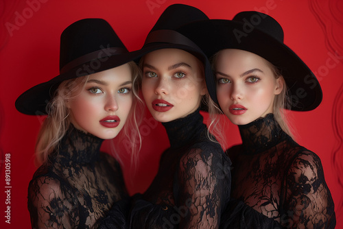 twins witch happy women, twins smiling face cute witch fashion model, red background by Jacob Philipp Hackert image photo