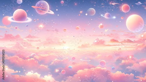 Pastel space scene with colorful planets, soft glowing stars, and a whimsical pastel galaxy background.