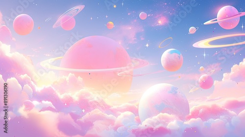 Pastel space scene with colorful planets, soft glowing stars, and a whimsical pastel galaxy background.