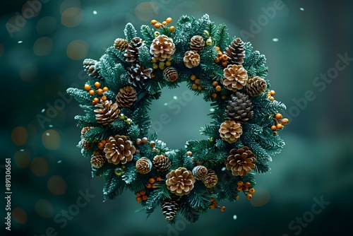 Festive Holiday Christmas Wreath with Pinecones and Berries for Seasonal Decoration Design