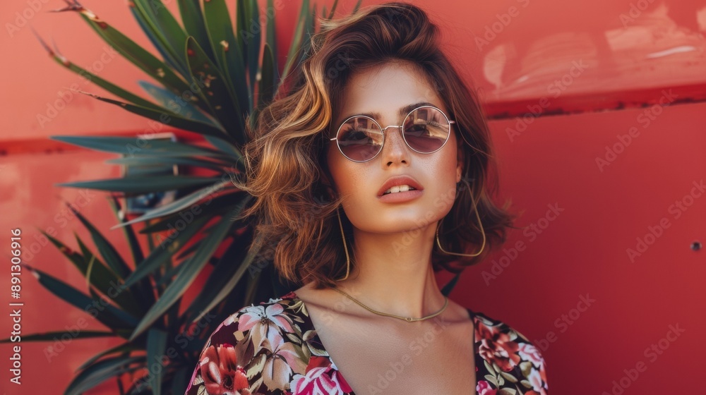 A woman wearing sunglasses and a necklace stands in front of a red background A woman wearing sunglasses and a necklace stands in front of a red background