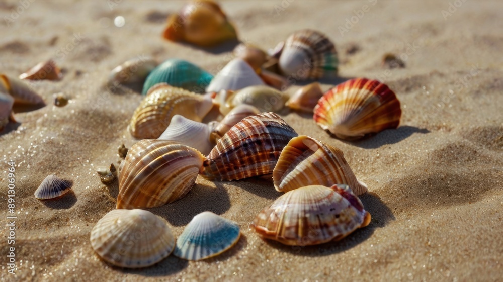 Close-up of colorful seashells scattered on the sand Close-up of colorful seashells scattered on the sand