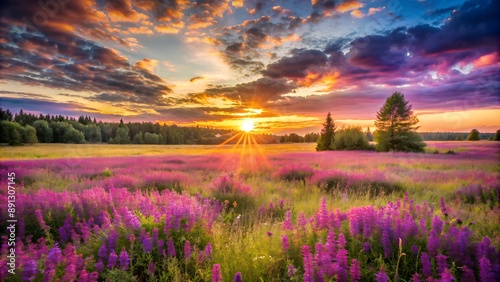 Sun shining through clouds over purple flower field