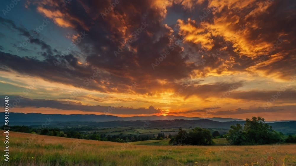 Obraz premium Vibrant sunset with dramatic clouds and silhoutte
