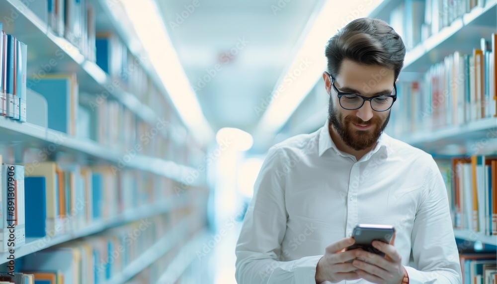 Researcher Analyzing Data on Smartphone in Serene Library with Natural Light Researcher Analyzing Data on Smartphone in Serene Library with Natural Light