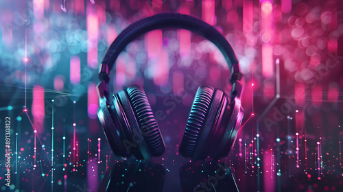 Digital world with headphones, world music concept ,Glowing headphone neon on blured background ,Wireless headphones with smartphone and flying ,Concept for online music, radio, listening to podcasts