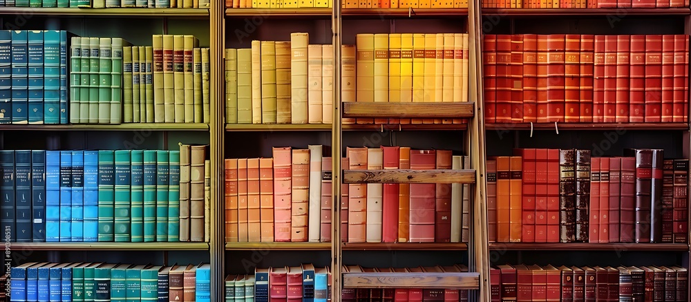 A sophisticated library interior featuring shelves adorned with books in vibrant colors, accented by a polished wooden ladder for a touch of classic elegance. A sophisticated library interior featuring shelves adorned with books in vibrant colors, accented by a polished wooden ladder for a touch of classic elegance.