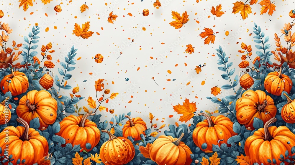 Naklejka premium vector, illustation, Autumn panoramic background with pumpkins pattern, vector. Happy Thanksgiving greeting card
