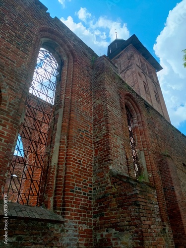windows of a Catholic church in the village in East Prussia