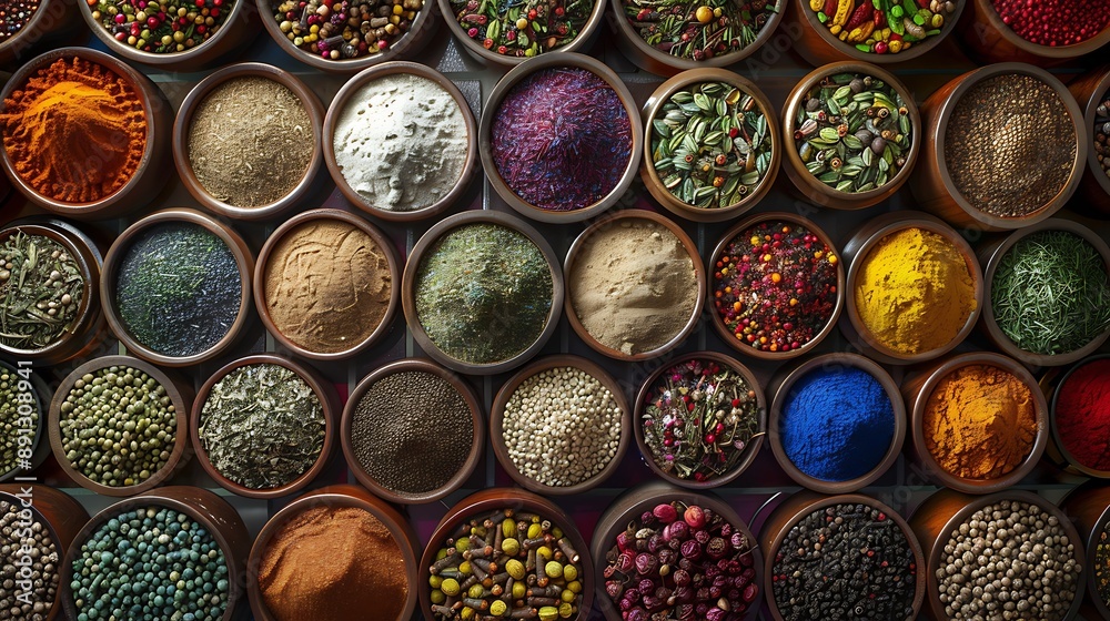 Colorful Spice Collection in Bowls Arranged on Table, Diverse and Vibrant Colorful Spice Collection in Bowls Arranged on Table, Diverse and Vibrant