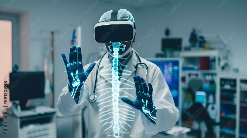 Doctor demonstrating medical procedures with VR headset Doctor demonstrating medical procedures with VR headset