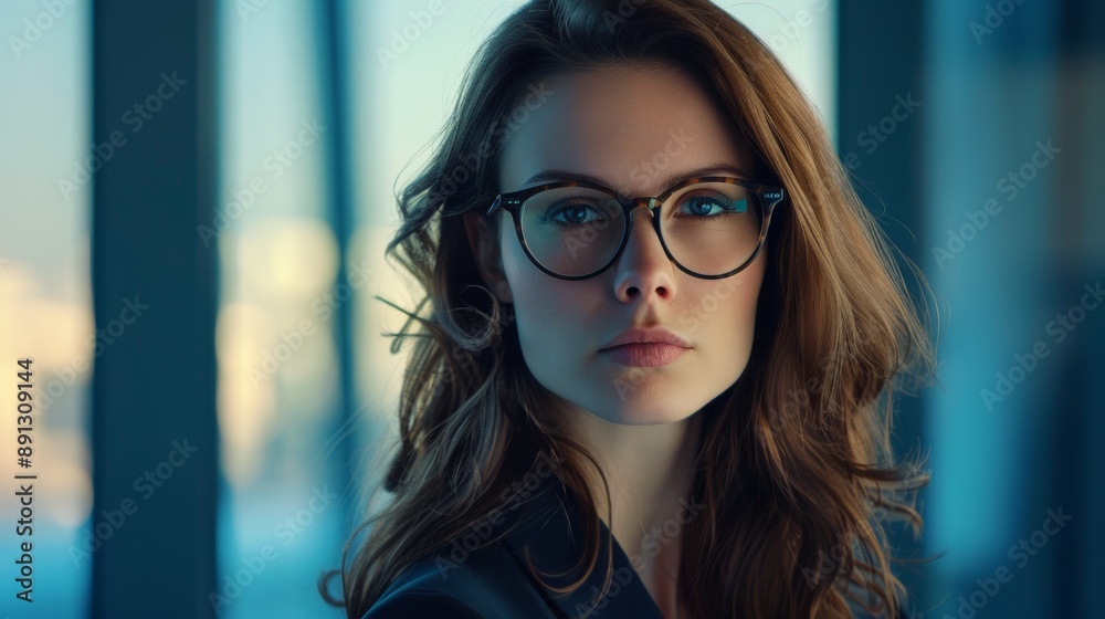 A woman with brown hair and glasses is standing in front of a window