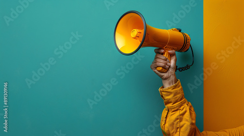 Make Your Voice Heard:  A hand gripping a yellow megaphone against a vibrant turquoise and orange backdrop, symbolizing power, communication, and the ability to amplify your message.  