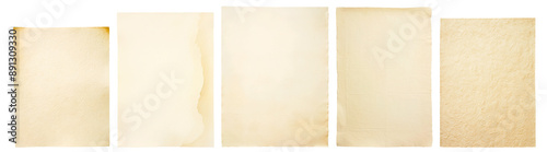 Set of rectangular, blank, vintage paper sheets are displayed against a white background. The sheets are all similar in size and shape, but vary in texture and color photo