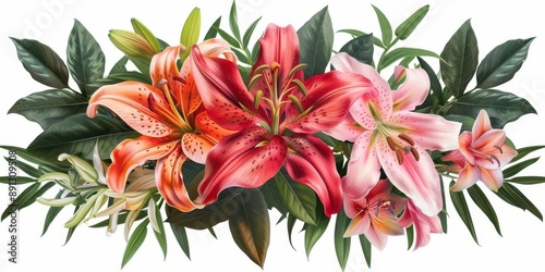 A vibrant floral arrangement of lilies with lush green leaves, showcasing a blend of pink and orange hues in full bloom. photo