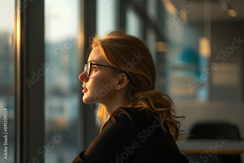 Strategic Businesswoman Evaluating Cityscape from Office Window