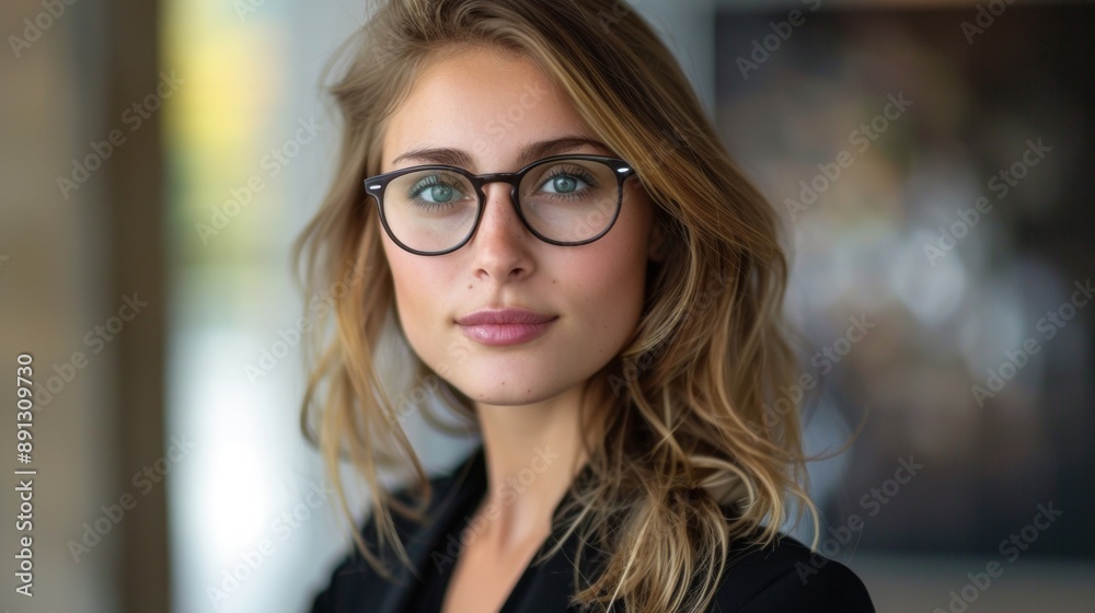 A woman with long blonde hair and glasses is standing in front of a wall A woman with long blonde hair and glasses is standing in front of a wall