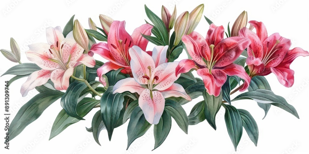 custom made wallpaper toronto digitalBeautiful watercolor painting of blooming pink and white lilies with lush green leaves, perfect for home decor or botanical illustrations.