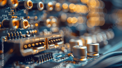 Closeup on electronic board, background images ,pc component motherboard electronic detail ,electronic tv circuit board with resistors and capacitors and other electric components 
