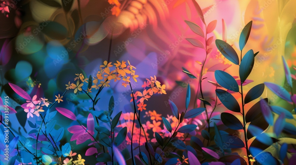 Vibrant Abstract Botanical Art with Colorful Foliage and Flowers in Dreamy Lighting Vibrant Abstract Botanical Art with Colorful Foliage and Flowers in Dreamy Lighting