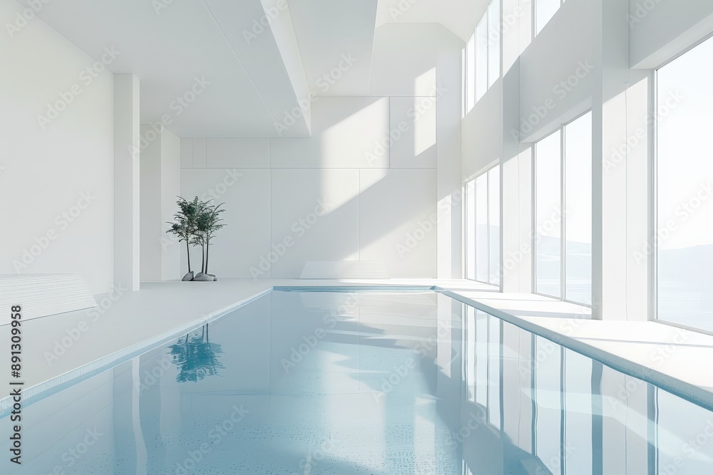 Modern minimalist indoor swimming pool with sunlight shining through windows Modern minimalist indoor swimming pool with sunlight shining through windows