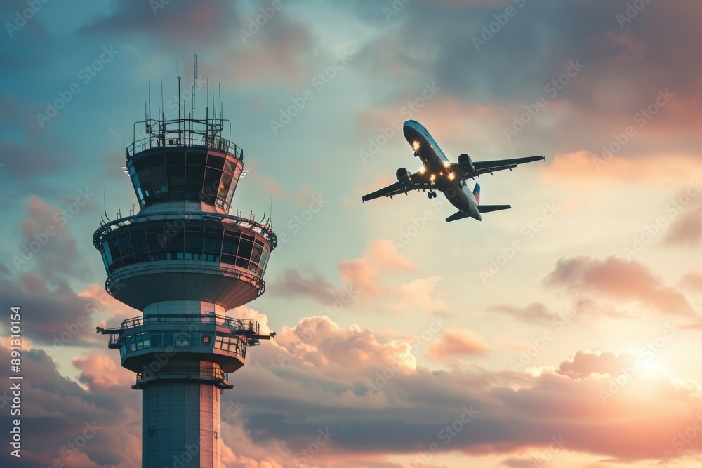 A commercial aircraft flying over an air traffic controller tower. A commercial aircraft flying over an air traffic controller tower.