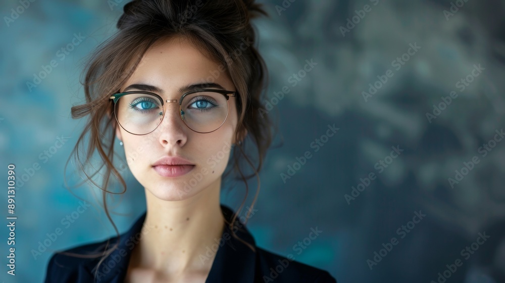 Fototapeta premium A woman with glasses and a ponytail is standing in front of a blue wall