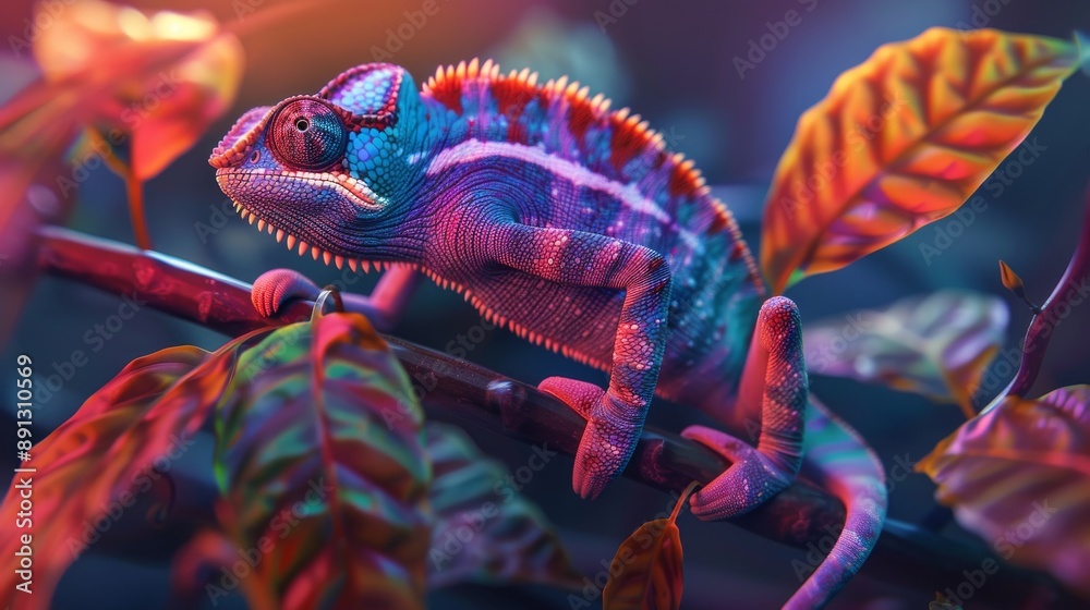Obraz premium Vibrant Chameleon on Branch with Colorful Foliage in Neon Lighting