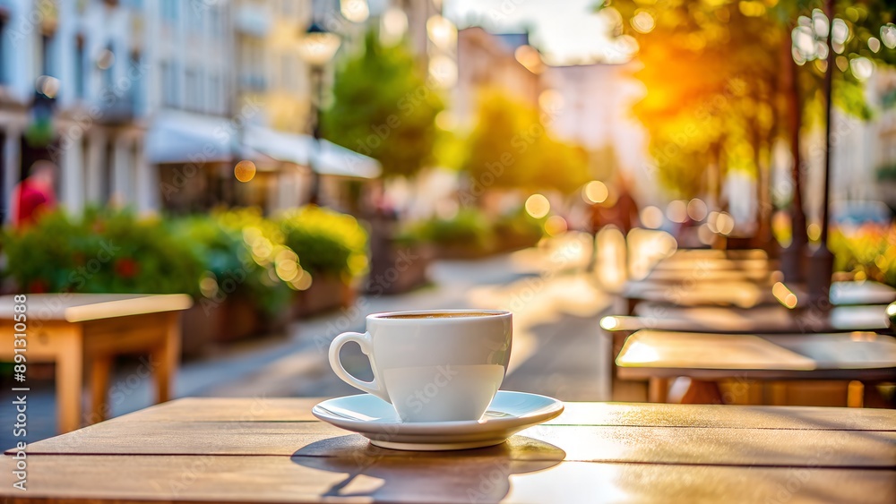 Cup of coffee standing on table in outdoor cafe on sunny day Cup of coffee standing on table in outdoor cafe on sunny day