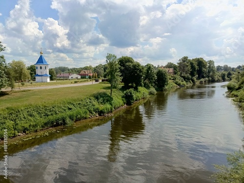 Lava river in East Prussia, Wehlau city and Orthodox Church