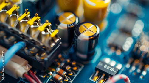 Closeup on electronic board, background images ,pc component motherboard electronic detail ,electronic tv circuit board with resistors and capacitors and other electric components 
