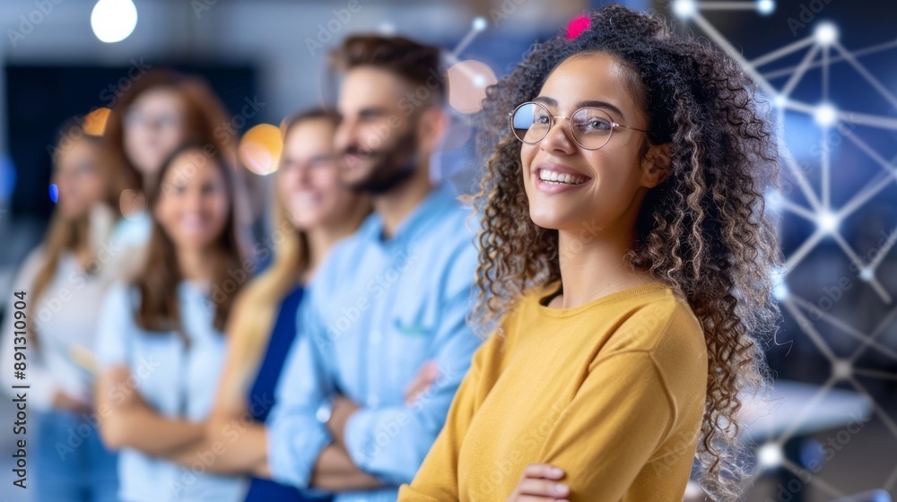 Smiling Woman With Curly Hair Leading Team in Modern Office Smiling Woman With Curly Hair Leading Team in Modern Office
