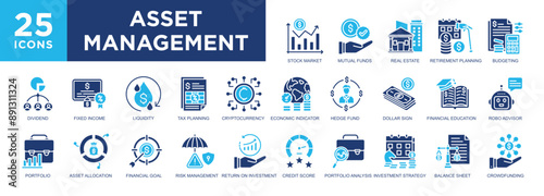 Asset Management, business, investment, management, finance, financial icon set. icons collection. Simple vector illustration