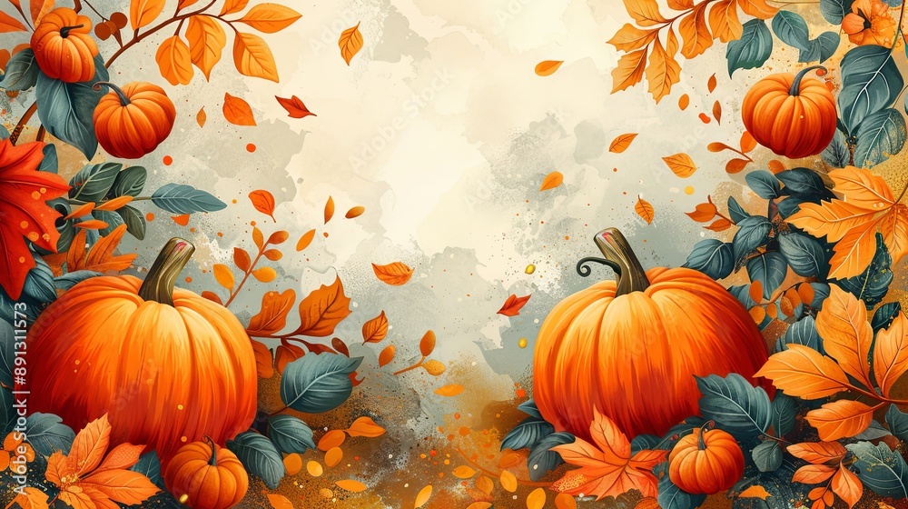 vector, illustation, Autumn panoramic background with pumpkins pattern, vector. Happy Thanksgiving greeting card vector, illustation, Autumn panoramic background with pumpkins pattern, vector. Happy Thanksgiving greeting card