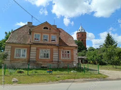 old German house and water tower in East Prussia