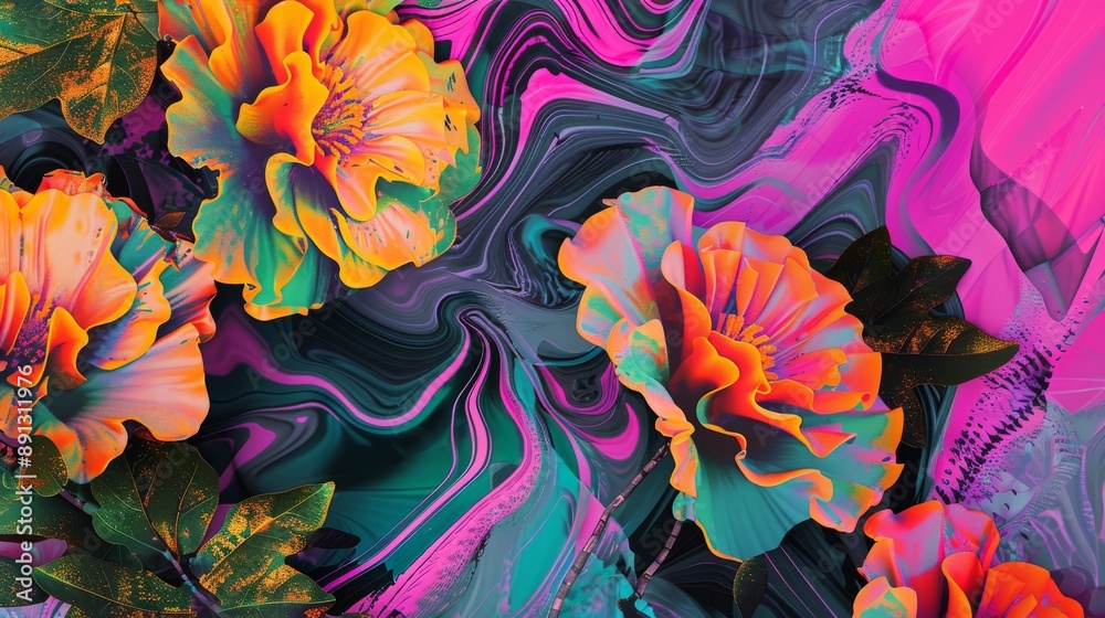 Vibrant Flowers on Neon Abstract Background Vibrant Flowers on Neon Abstract Background