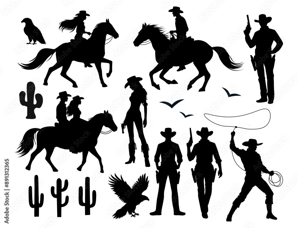 A set of silhouettes of a cowboy, a cowgirl, a horse, an eagle, cacti