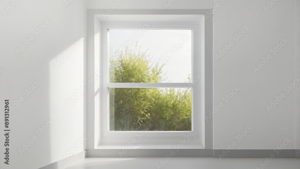 Minimalist white room interior with windows showing natural scenery. A clean room with shadow overlays. The morning sun passes through the window. AI-Generated Minimalist white room interior with windows showing natural scenery. A clean room with shadow overlays. The morning sun passes through the window. AI-Generated
