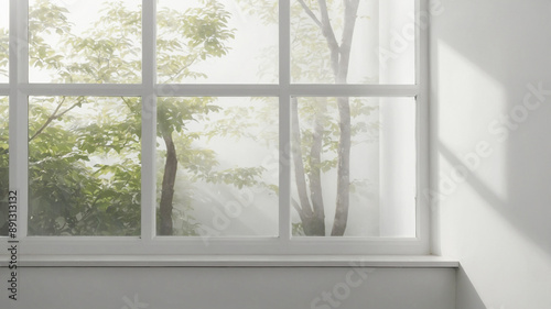 Minimalist white room interior with windows showing natural scenery. A clean room with shadow overlays. The morning sun passes through the window. AI-Generated