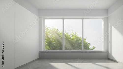 Minimalist white room interior with windows showing natural scenery. A clean room with shadow overlays. The morning sun passes through the window. AI-Generated